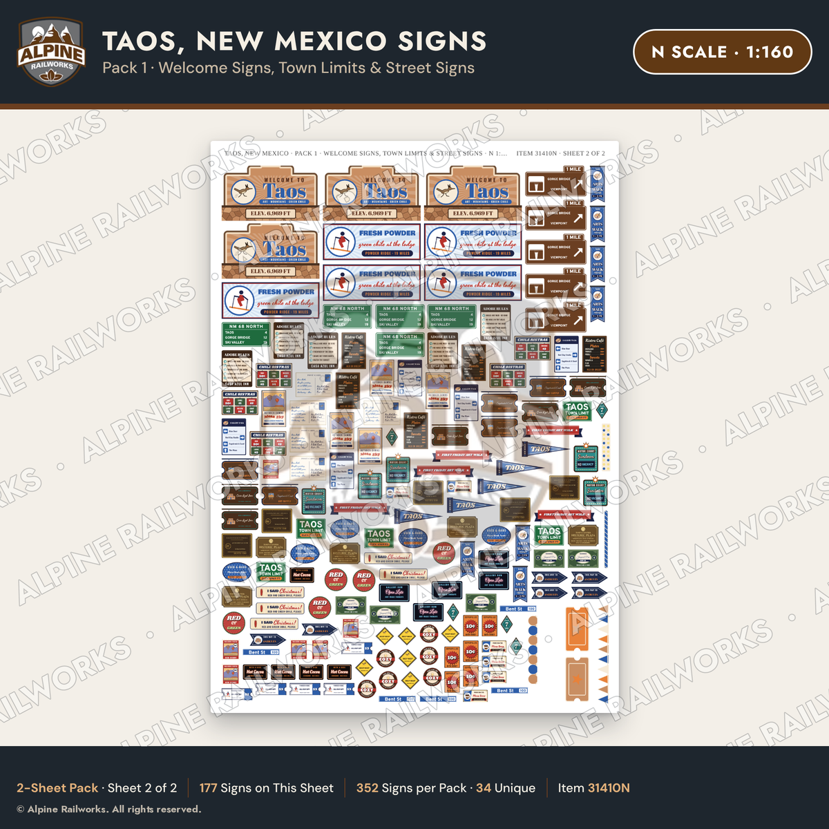 Alpine Railworks 31410N N Scale Taos NM Signs - Welcome & Street Signs