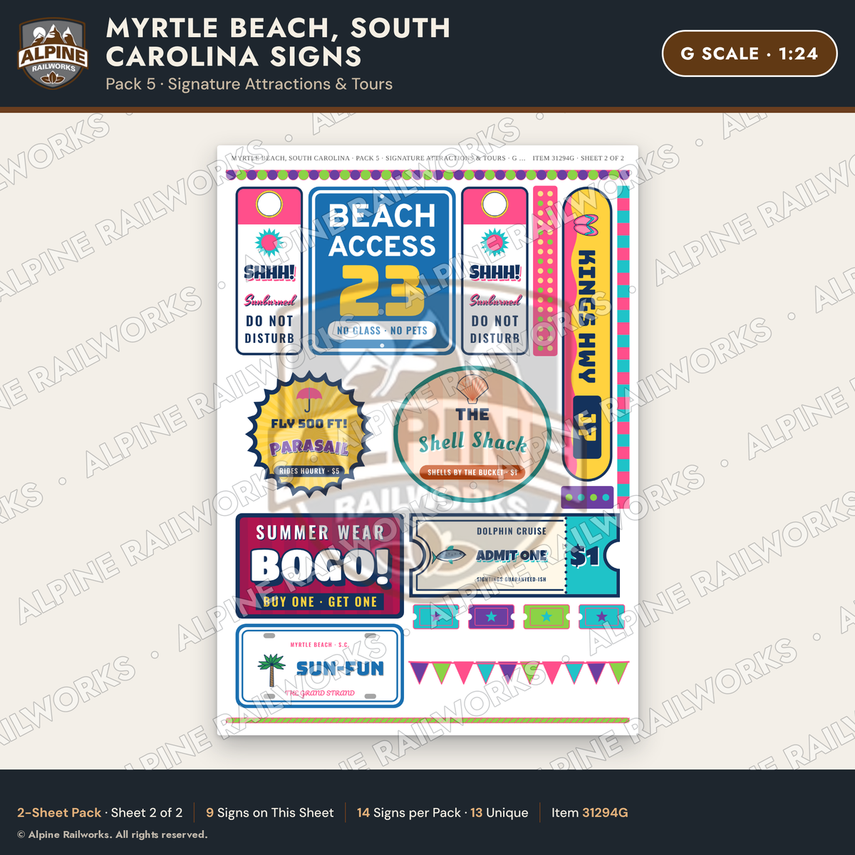 Alpine Railworks 31294G G Scale Myrtle Beach SC Signs - Attractions