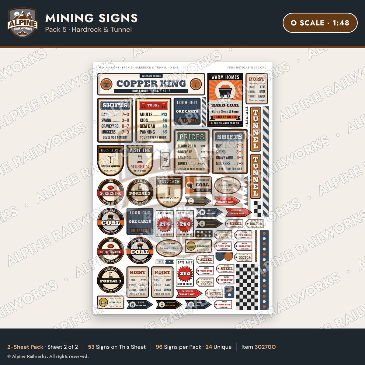 Alpine Railworks 30270O O Scale Mining Signs - Hardrock & Tunnel