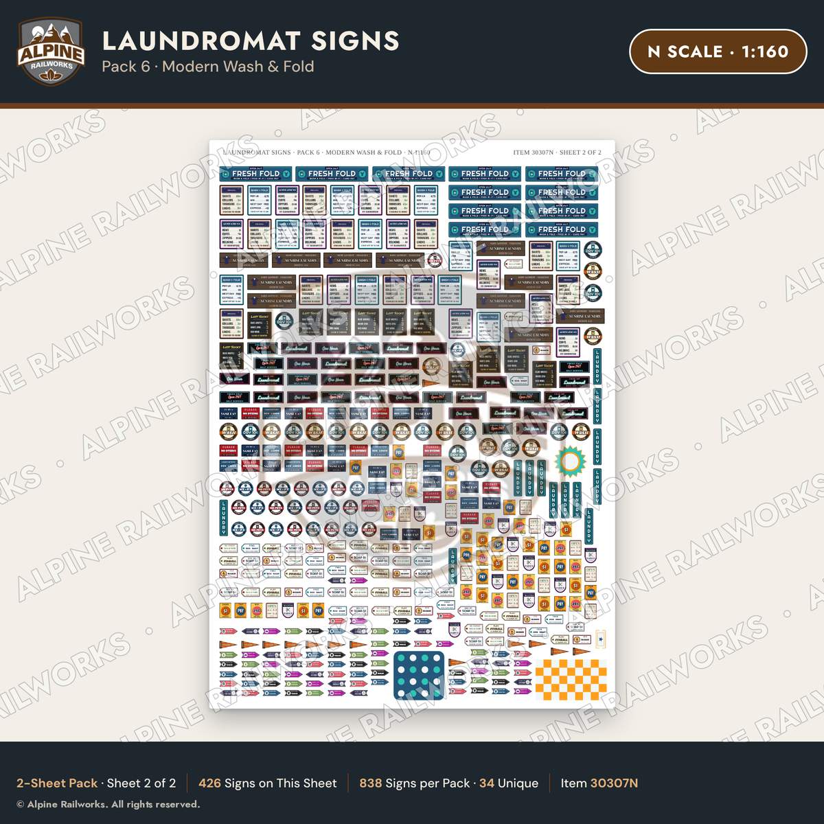 Alpine Railworks 30307N N Scale Laundromat Signs - Modern Wash & Fold