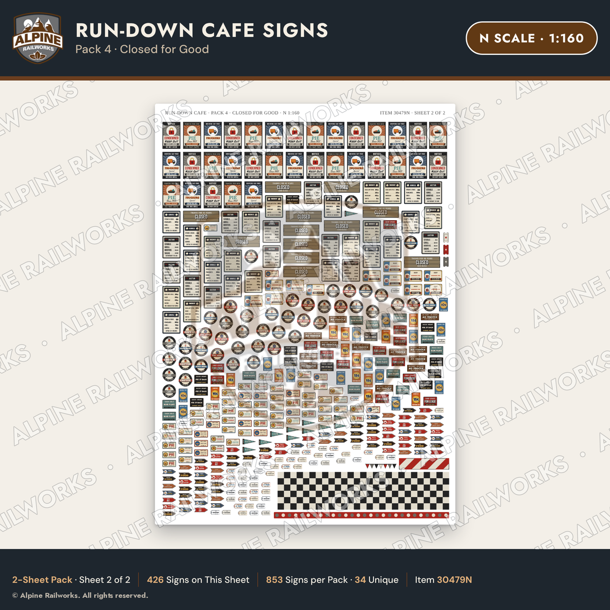 Alpine Railworks 30479N N Scale Run-Down Cafe Signs - Closed for Good