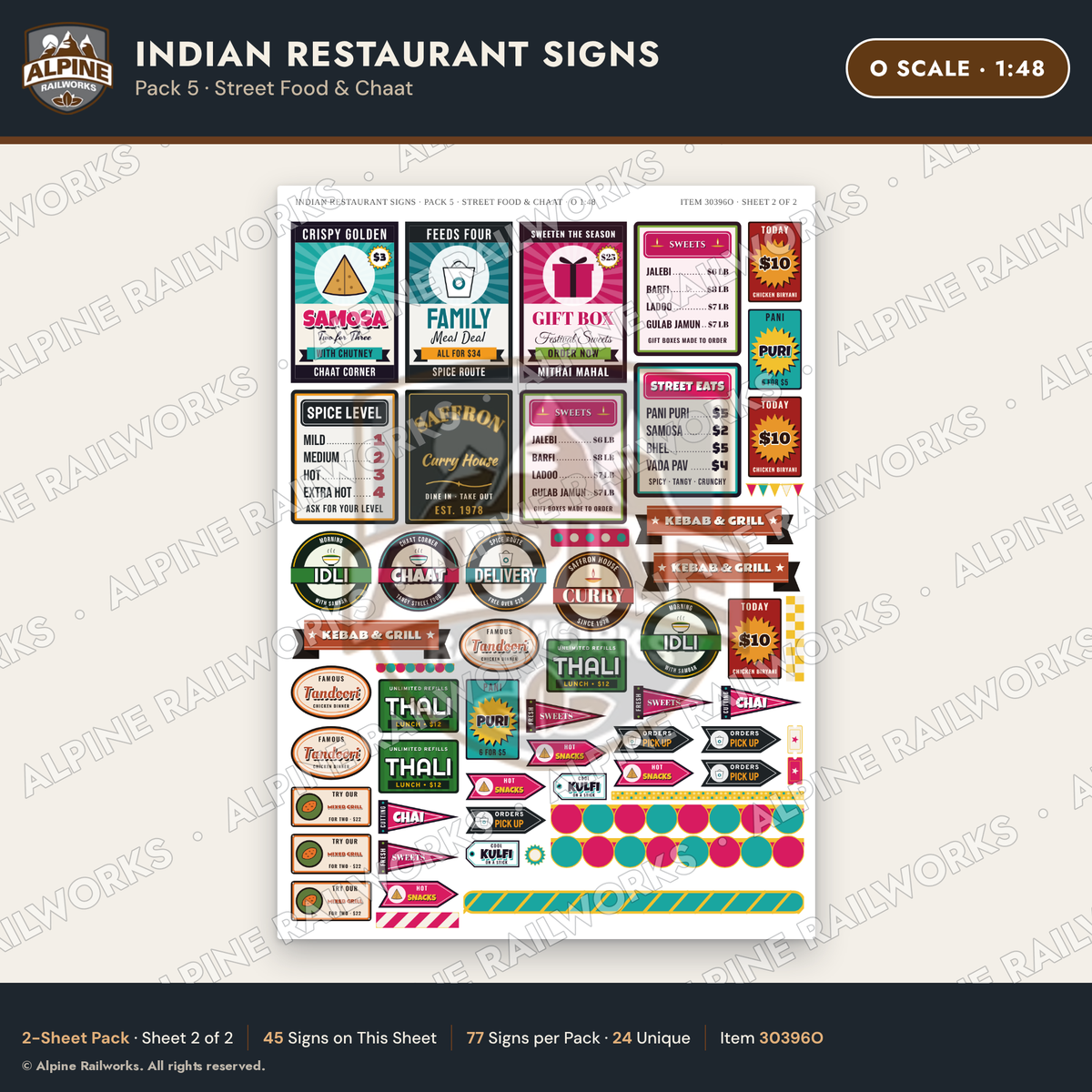 Alpine Railworks 30396O O Scale Indian Restaurant Signs - Street Food