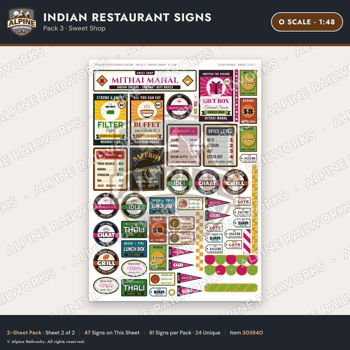 Alpine Railworks 30394O O Scale Indian Restaurant Signs - Sweet Shop