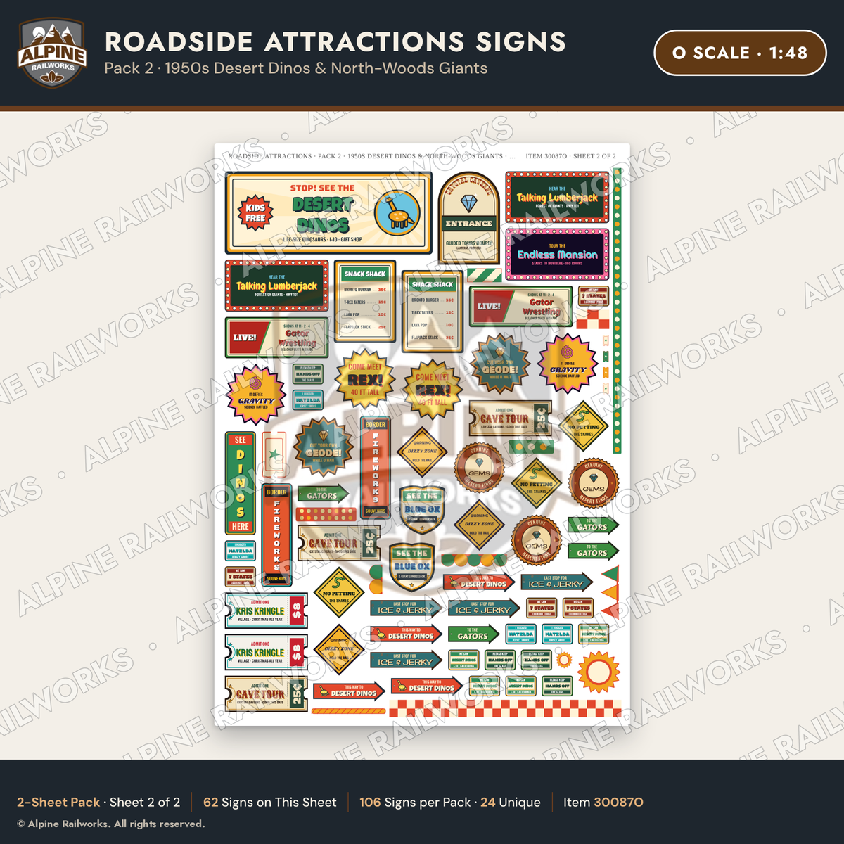Alpine Railworks 30087O O Scale Roadside Attractions Signs