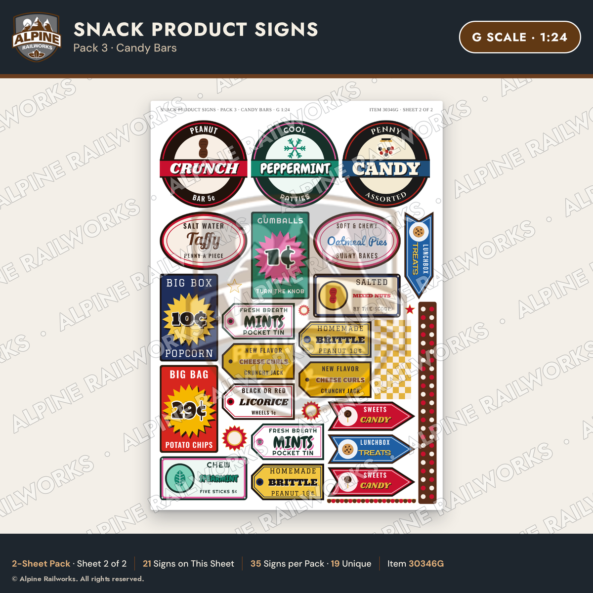 Alpine Railworks 30346G G Scale Snack Product Signs - Candy Bars