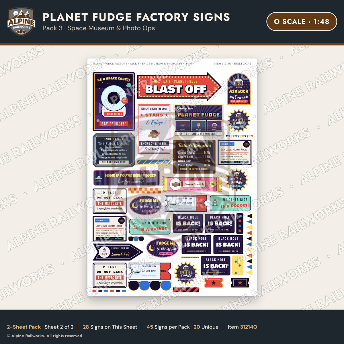 Alpine Railworks 31214O O Scale Fudge Factory Signs - Space Museum
