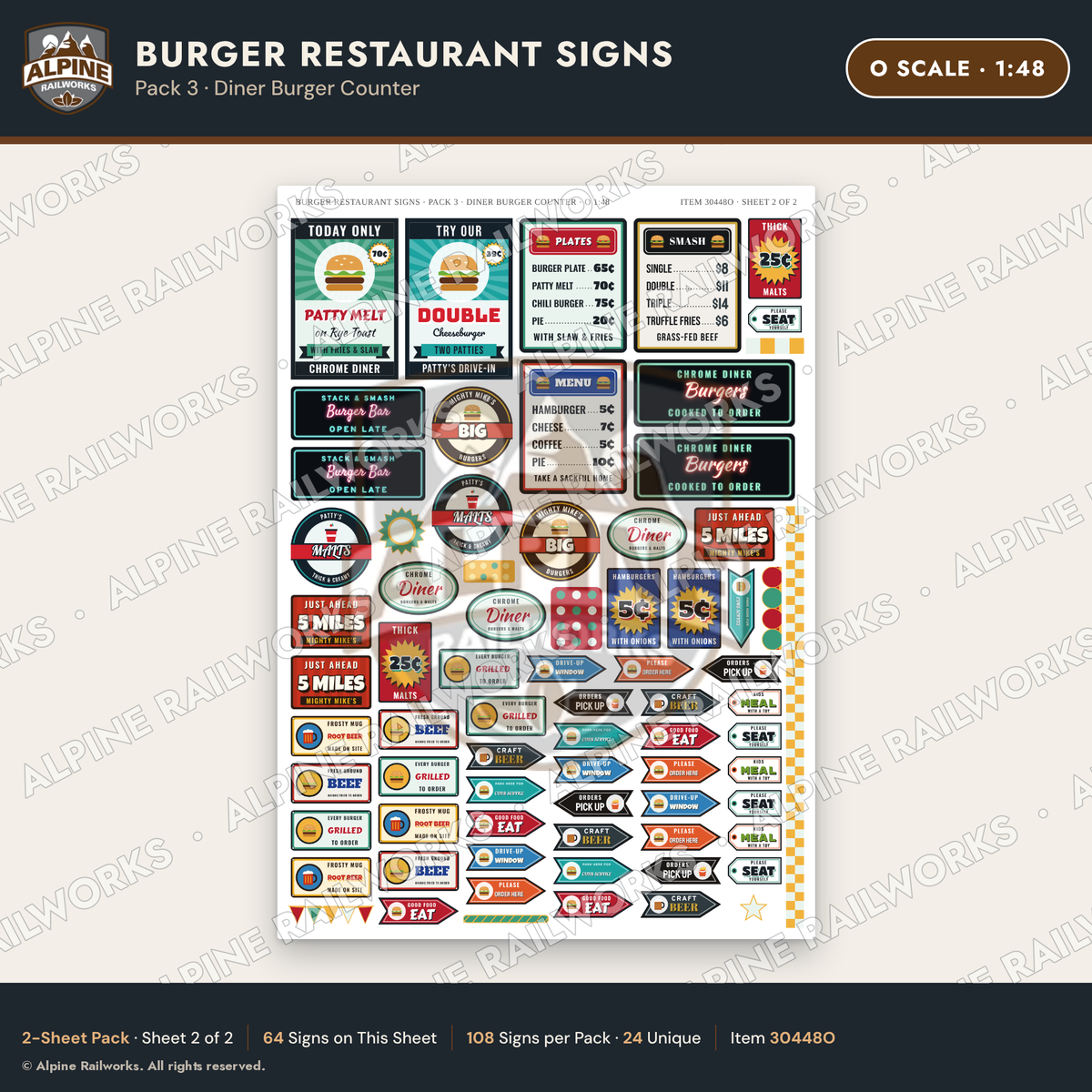 Alpine Railworks 30448O O Scale Burger Restaurant Signs