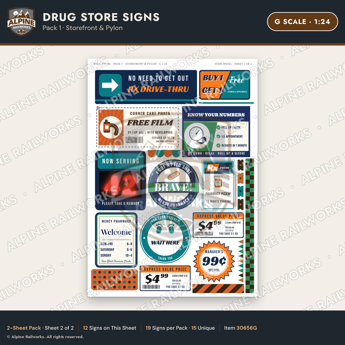 Alpine Railworks 30656G G Scale Drug Store Signs - Storefront & Pylon