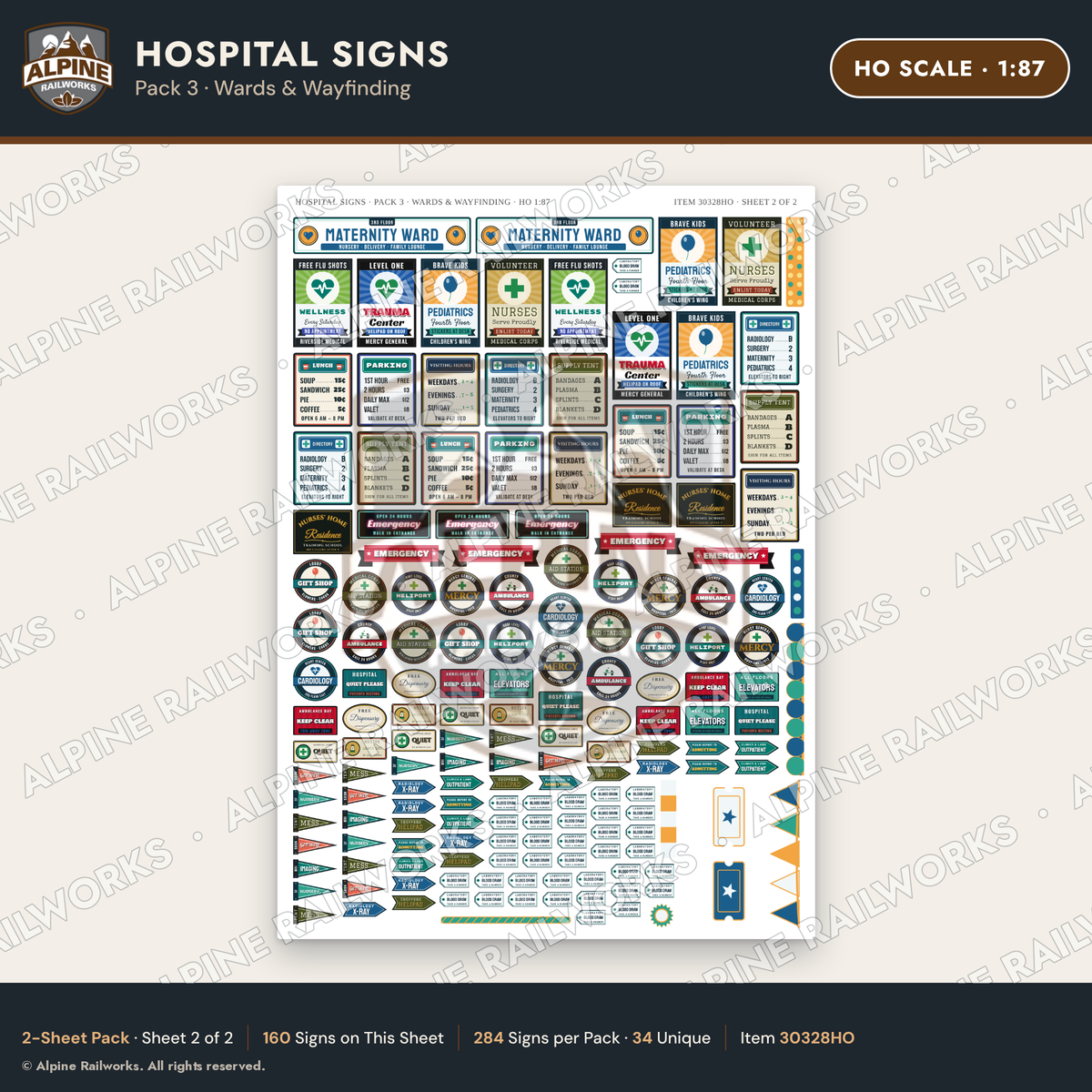 Alpine Railworks 30328HO HO Scale Hospital Signs - Wards & Wayfinding