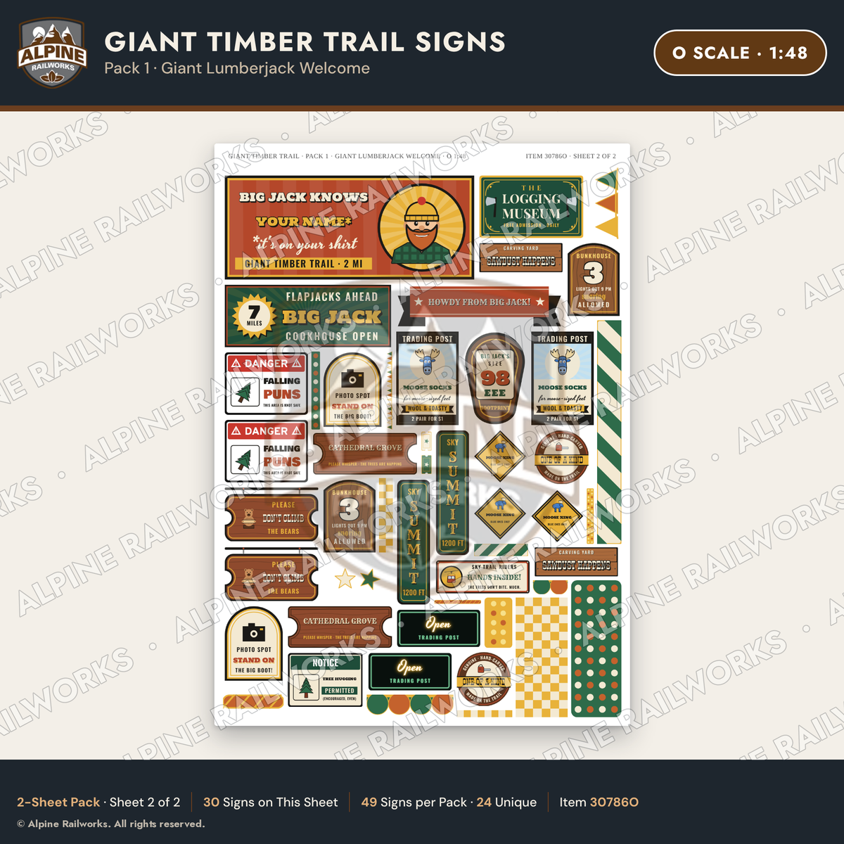 Alpine Railworks 30786O O Scale Roadside Signs - Lumberjack Redwoods
