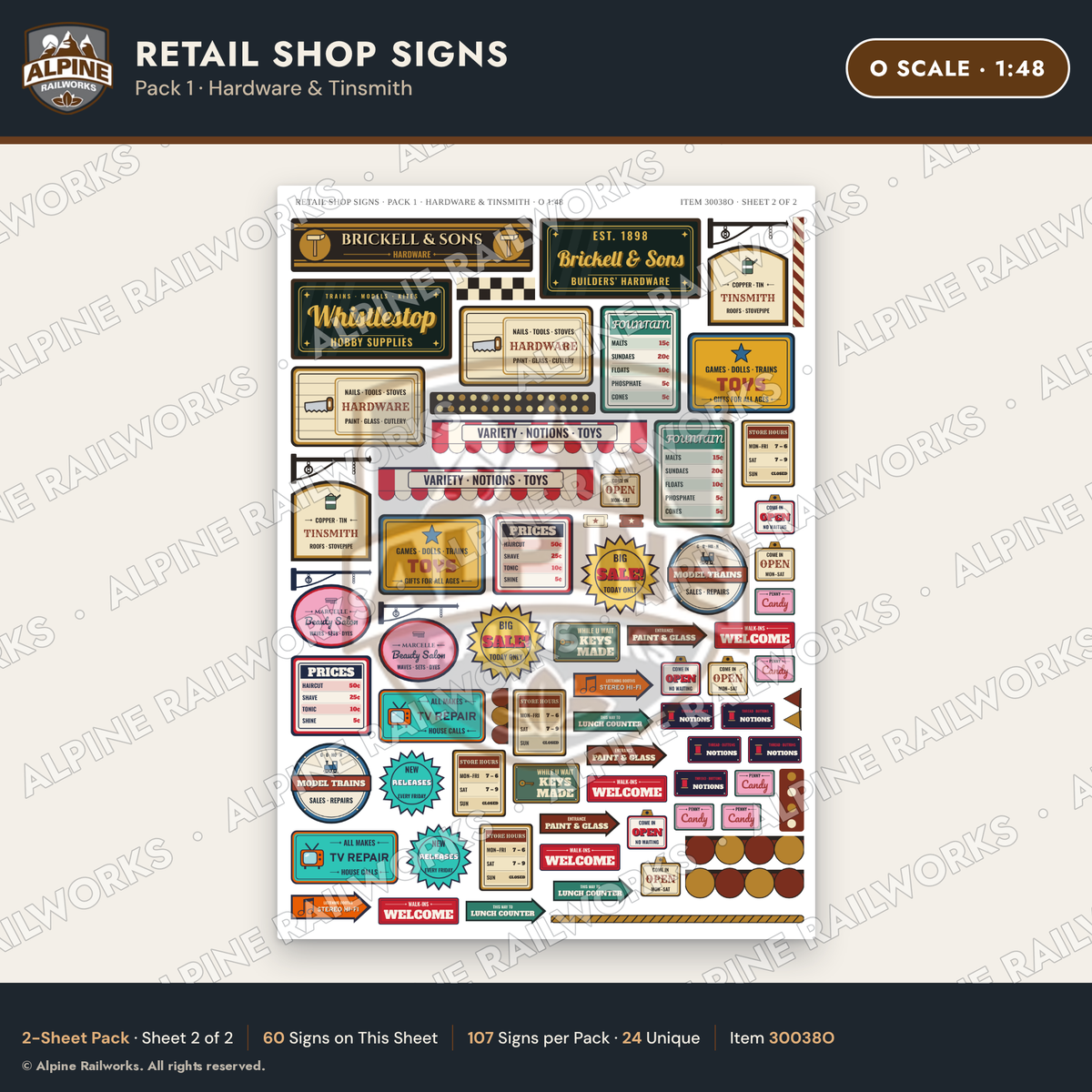 Alpine Railworks 30038O O Scale Retail Shop Signs - Hardware