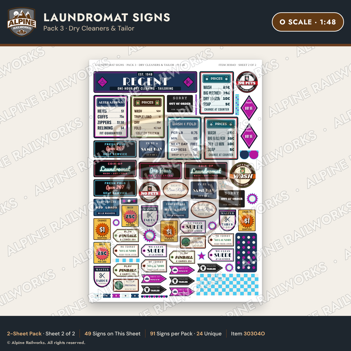 Alpine Railworks 30304O O Scale Laundromat Signs - Dry Cleaners