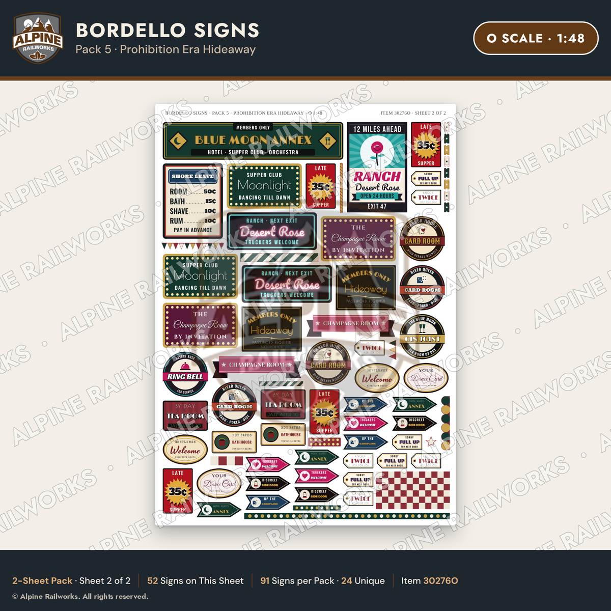 Alpine Railworks 30276O O Scale Bordello Signs