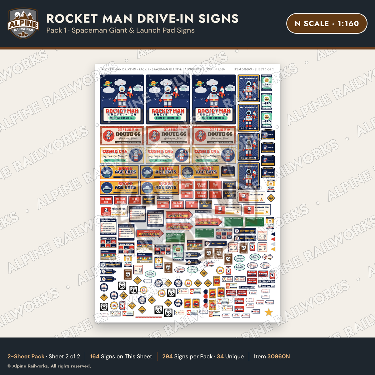 Alpine Railworks 30960N N Scale Roadside Signs - Spaceman Drive-In