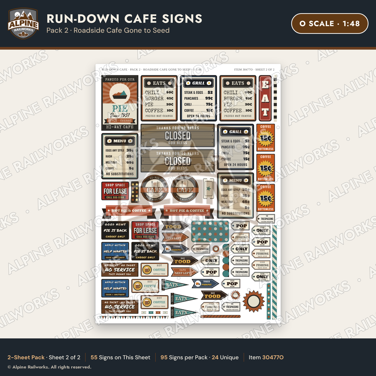 Alpine Railworks 30477O O Scale Run-Down Cafe Signs