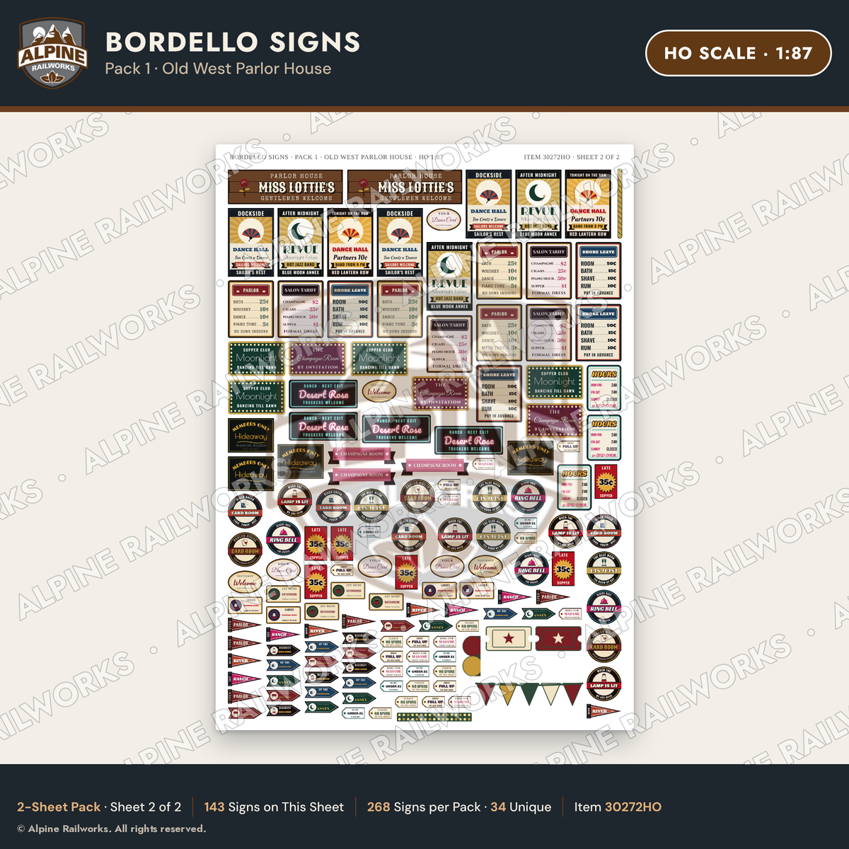 Alpine Railworks 30272HO HO Scale Bordello Signs