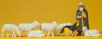 Preiser 14160 HO Scale Animals -- Shepherd w/Sheep Dog & Sheep pkg(8)