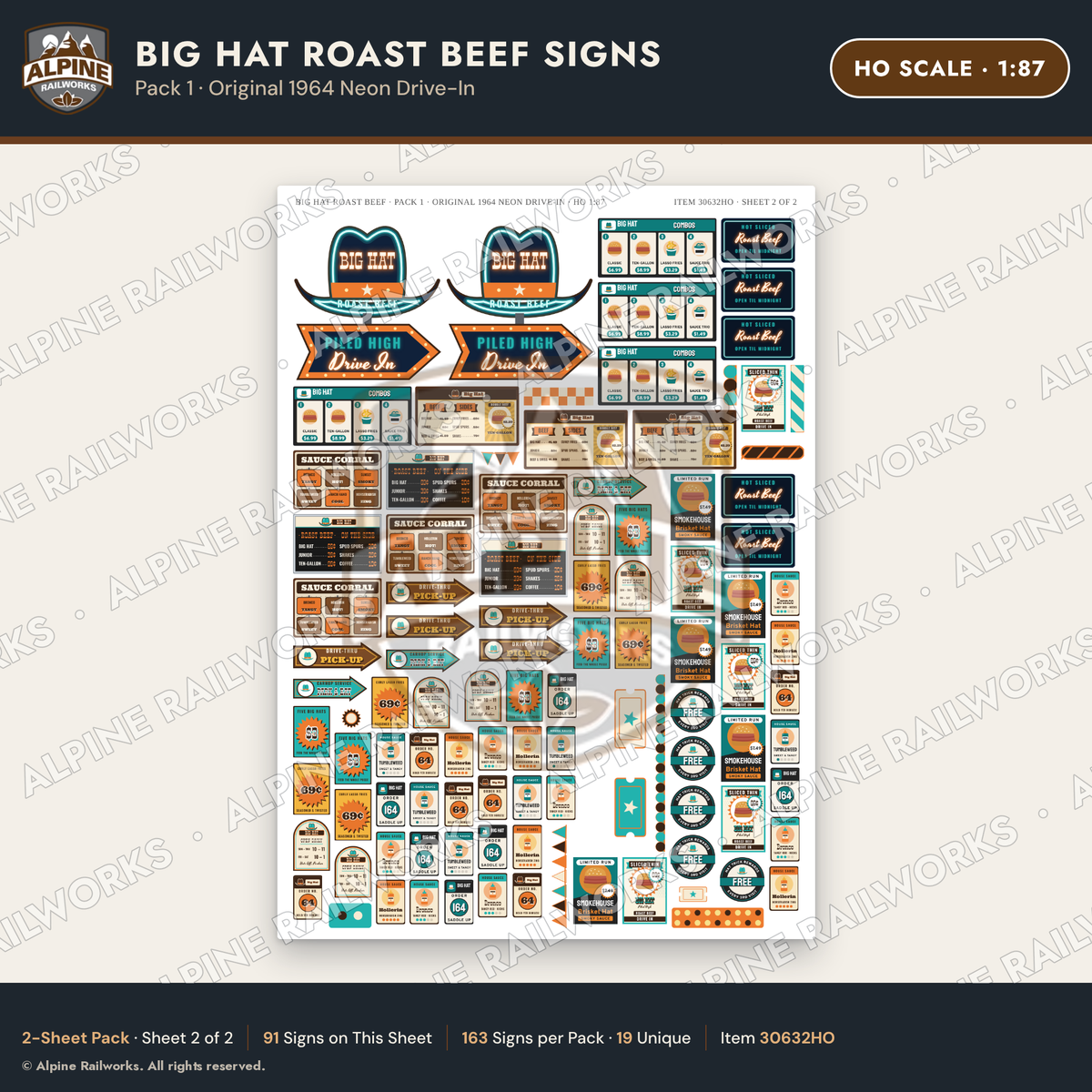 Alpine Railworks 30632HO HO Scale Fast Food Signs - Western Roast Beef