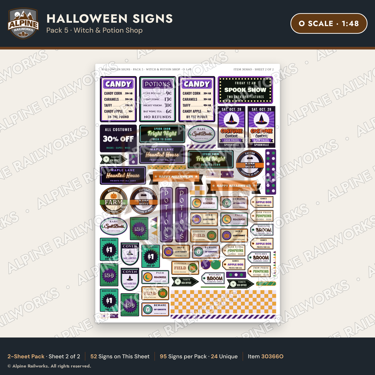 Alpine Railworks 30366O O Scale Halloween Signs - Witch & Potion Shop
