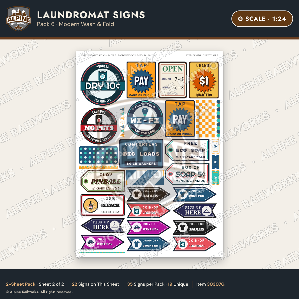 Alpine Railworks 30307G G Scale Laundromat Signs - Modern Wash & Fold