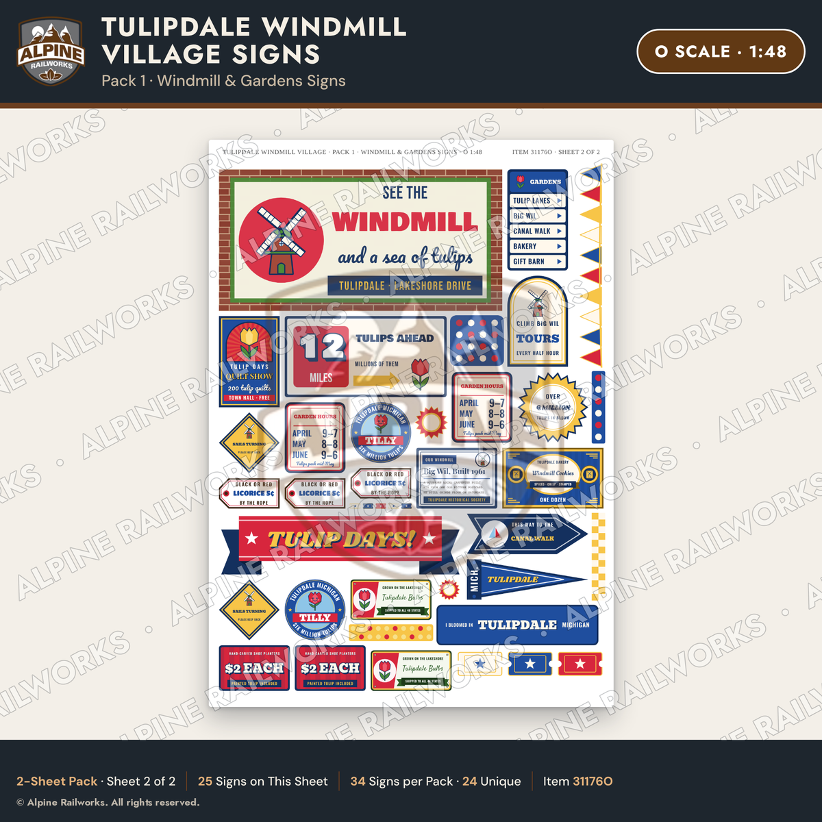 Alpine Railworks 31176O O Scale Roadside Signs - Windmill Village