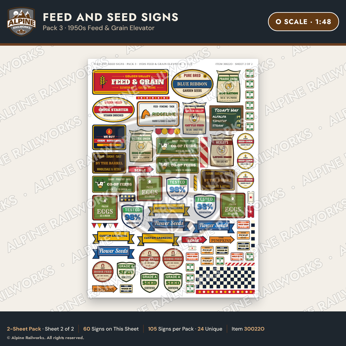 Alpine Railworks 30022O O Scale Feed and Seed Signs - 1950s Feed