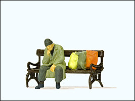 Preiser 29094 HO Scale Individual Figures -- Homeless Man on a Bench with Bags