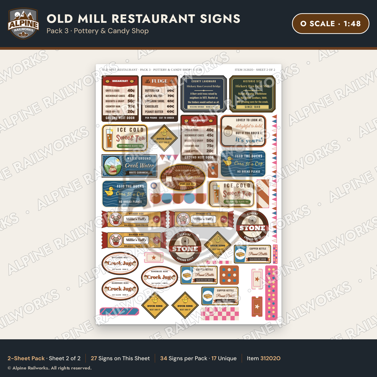 Alpine Railworks 31202O O Scale Old Mill Signs - Pottery & Candy Shop