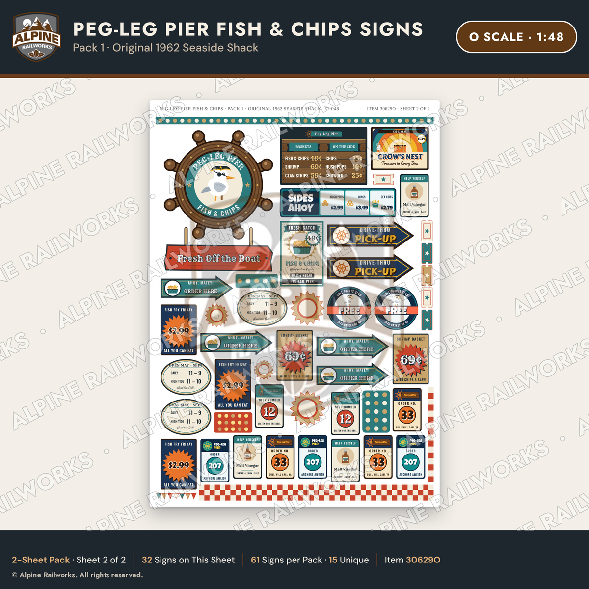 Alpine Railworks 30629O O Scale Fast Food Signs - Fish & Chips