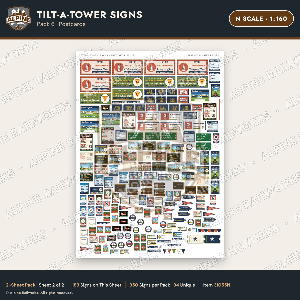 Alpine Railworks 31055N N Scale Roadside Signs - Leaning Tower