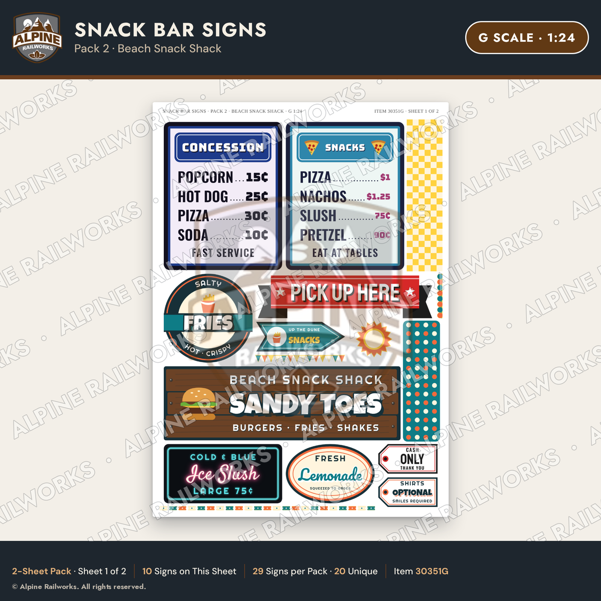 Alpine Railworks 30351G G Scale Snack Bar Signs - Beach Snack Shack