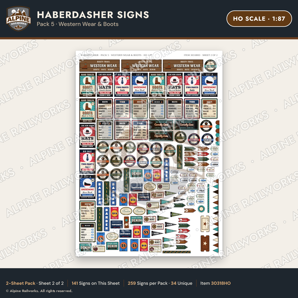 Alpine Railworks 30318HO HO Scale Haberdasher Signs - Western Wear