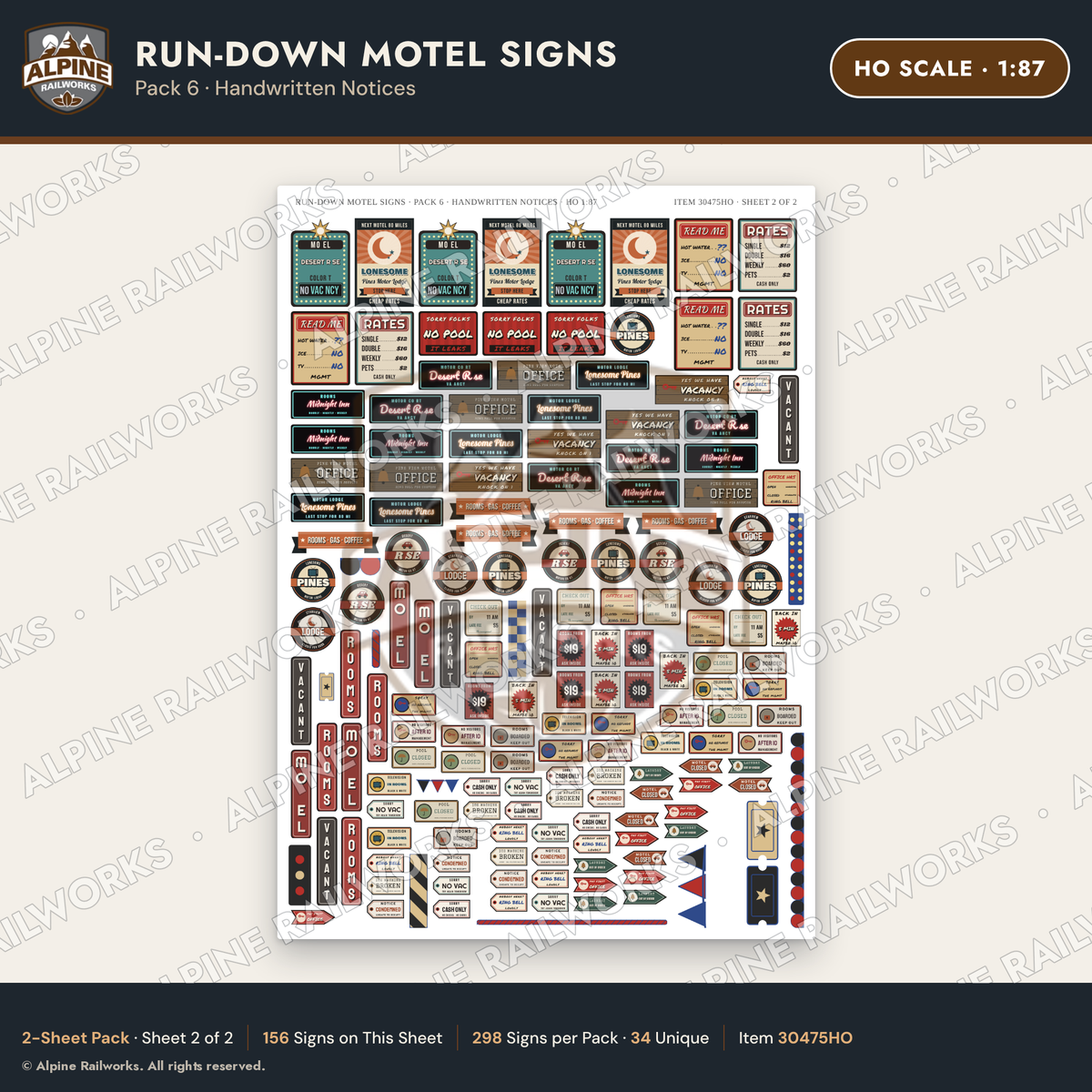 Alpine Railworks 30475HO HO Scale Run-Down Motel Signs