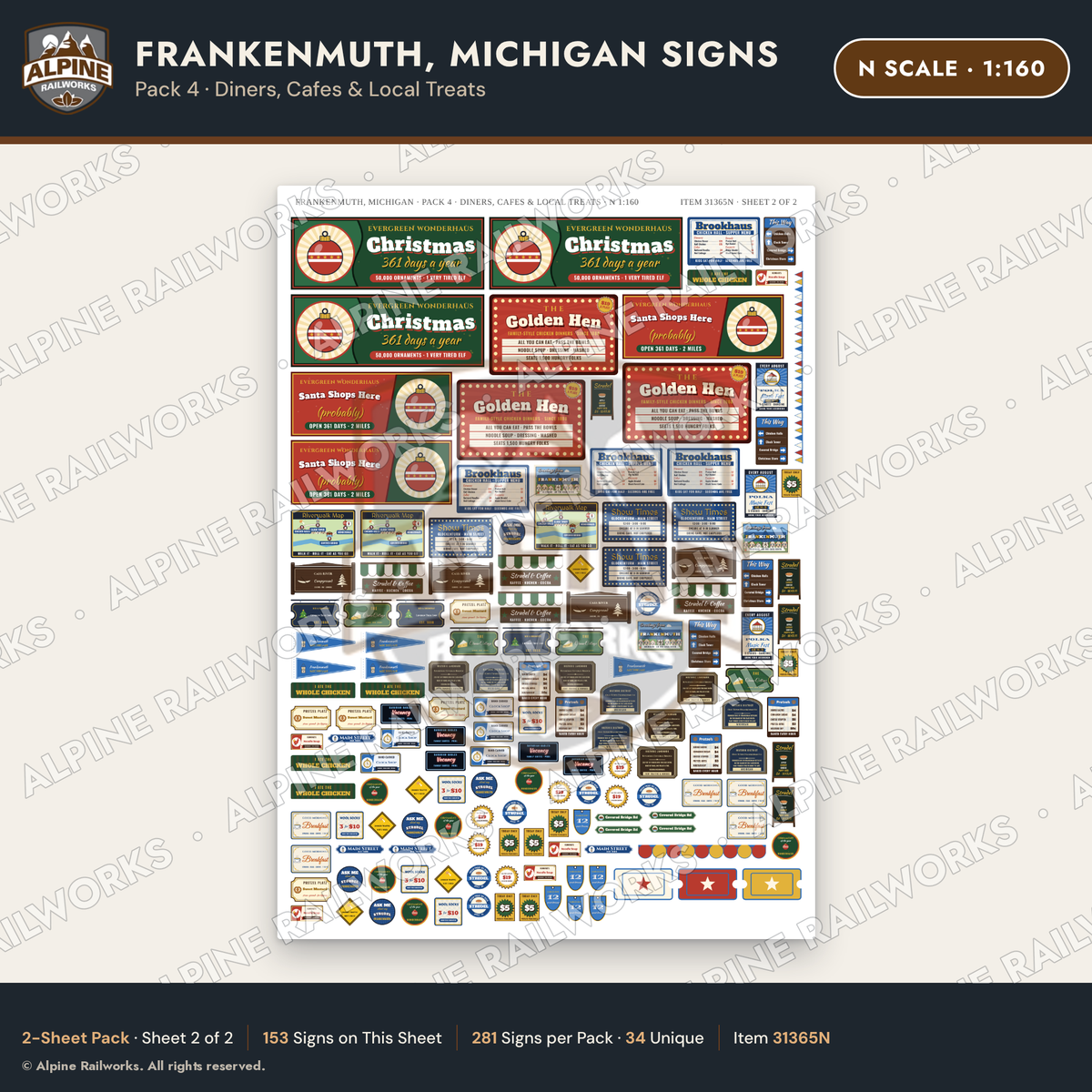 Alpine Railworks 31365N N Scale Frankenmuth MI Signs - Diners & Cafes