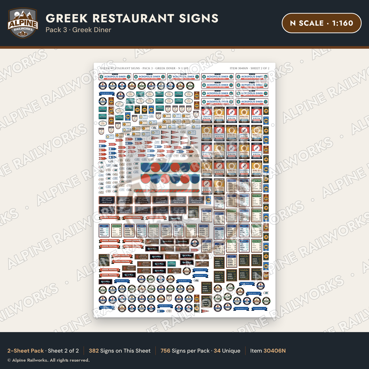 Alpine Railworks 30406N N Scale Greek Restaurant Signs - Greek Diner