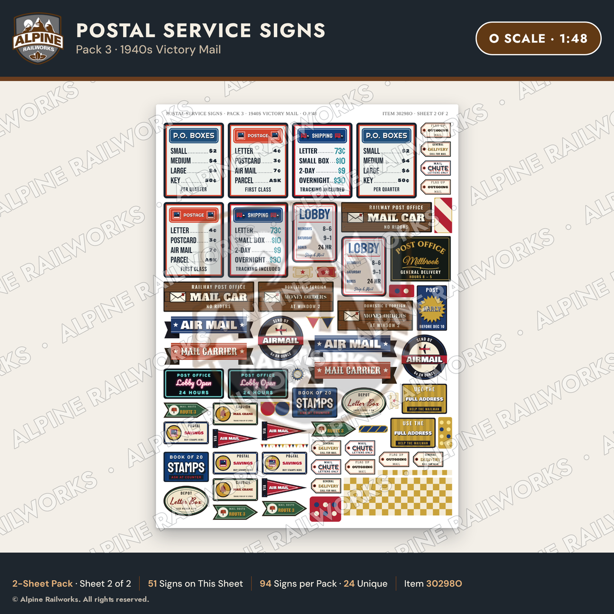 Alpine Railworks 30298O O Scale Postal Service Signs - Victory Mail
