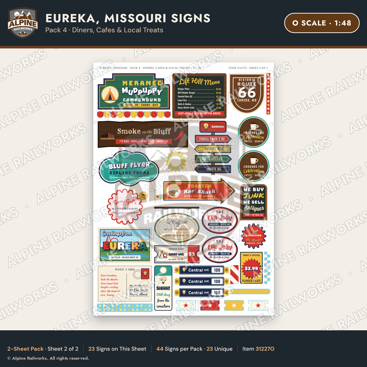 Alpine Railworks 31227O O Scale Eureka MO Signs - Diners & Cafes