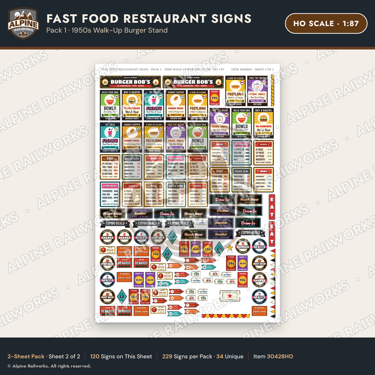 Alpine Railworks 30428HO HO Scale Fast Food Restaurant Signs