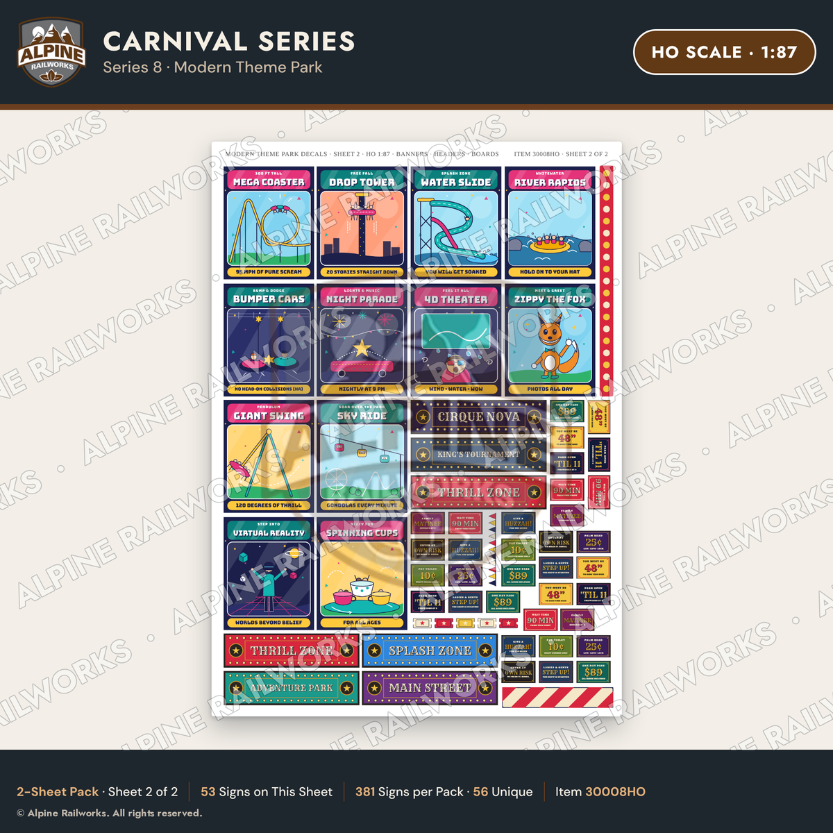 Alpine Railworks 30008HO HO Scale Carnival Signs - Modern Theme Park