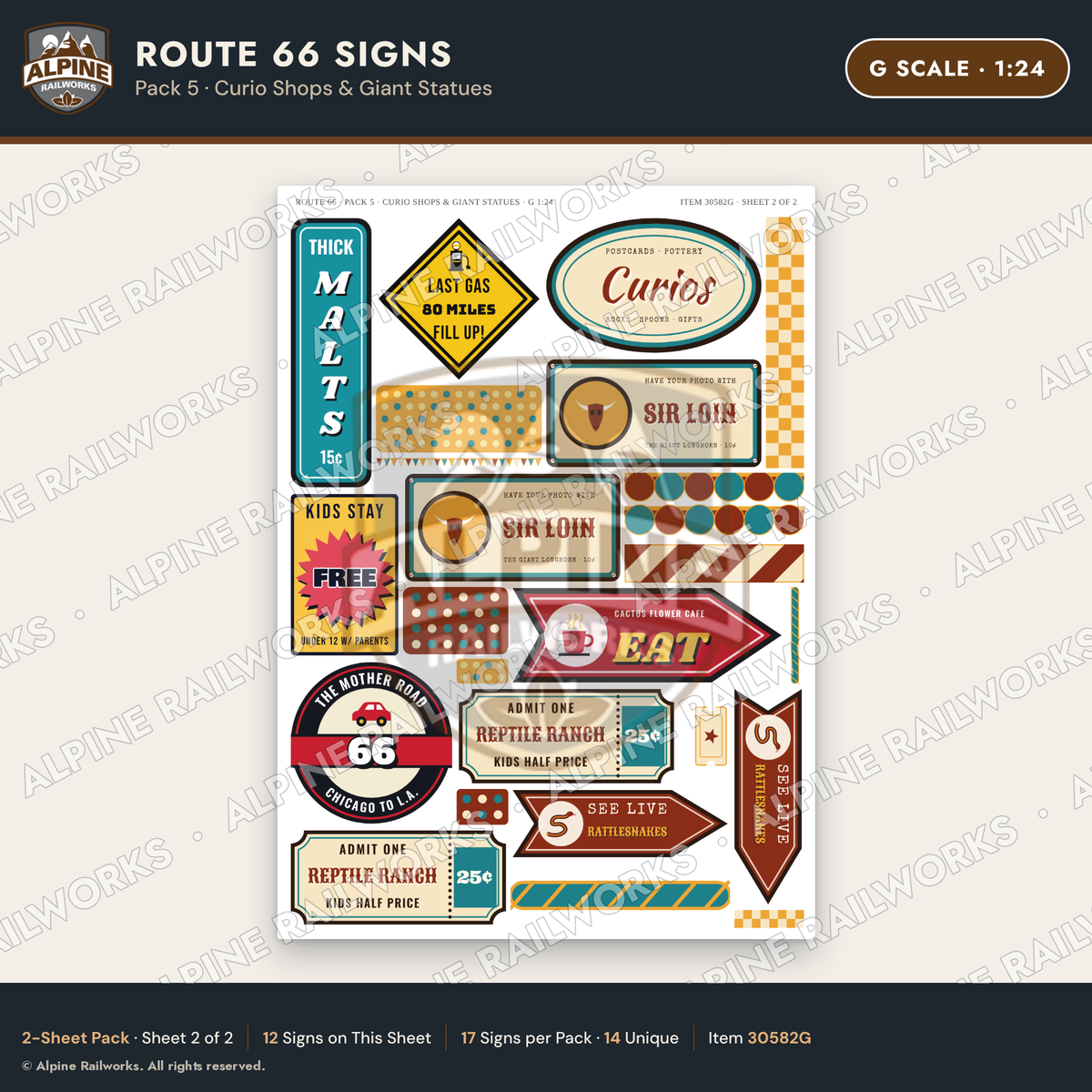 Alpine Railworks 30582G G Scale Route 66 Highway Signs - Curio Shops