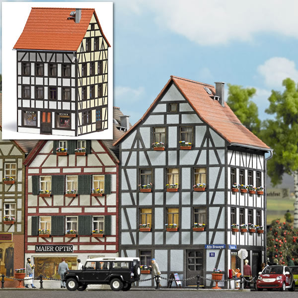 Busch 1536 HO Scale Old Town Half-Timber Corner Building -- Laser-Cut Kit - 3-1/2 x 3-1/8 x 5-3/4" 9 x 8 x 14.7cm