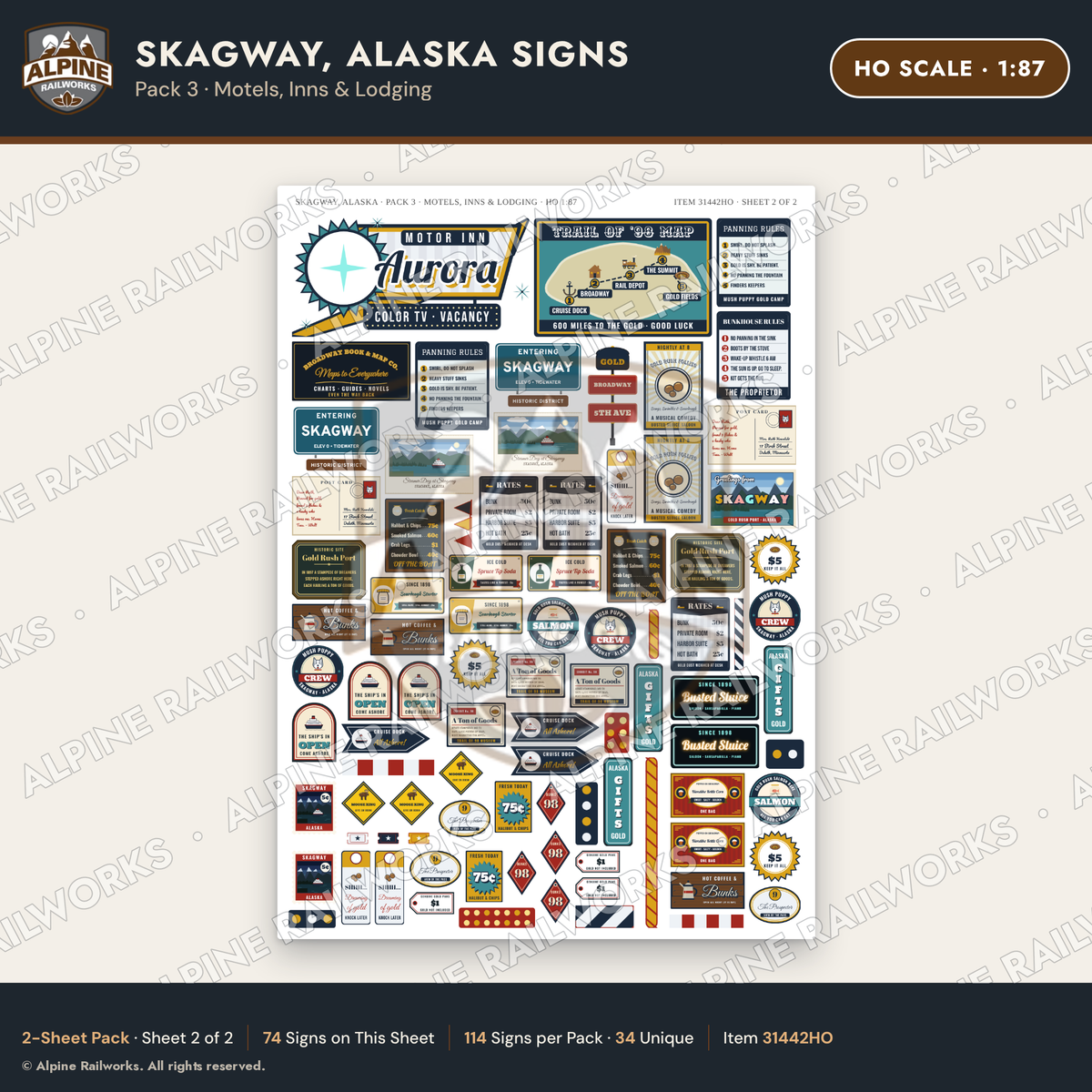 Alpine Railworks 31442HO HO Scale Skagway AK Signs - Motels & Inns
