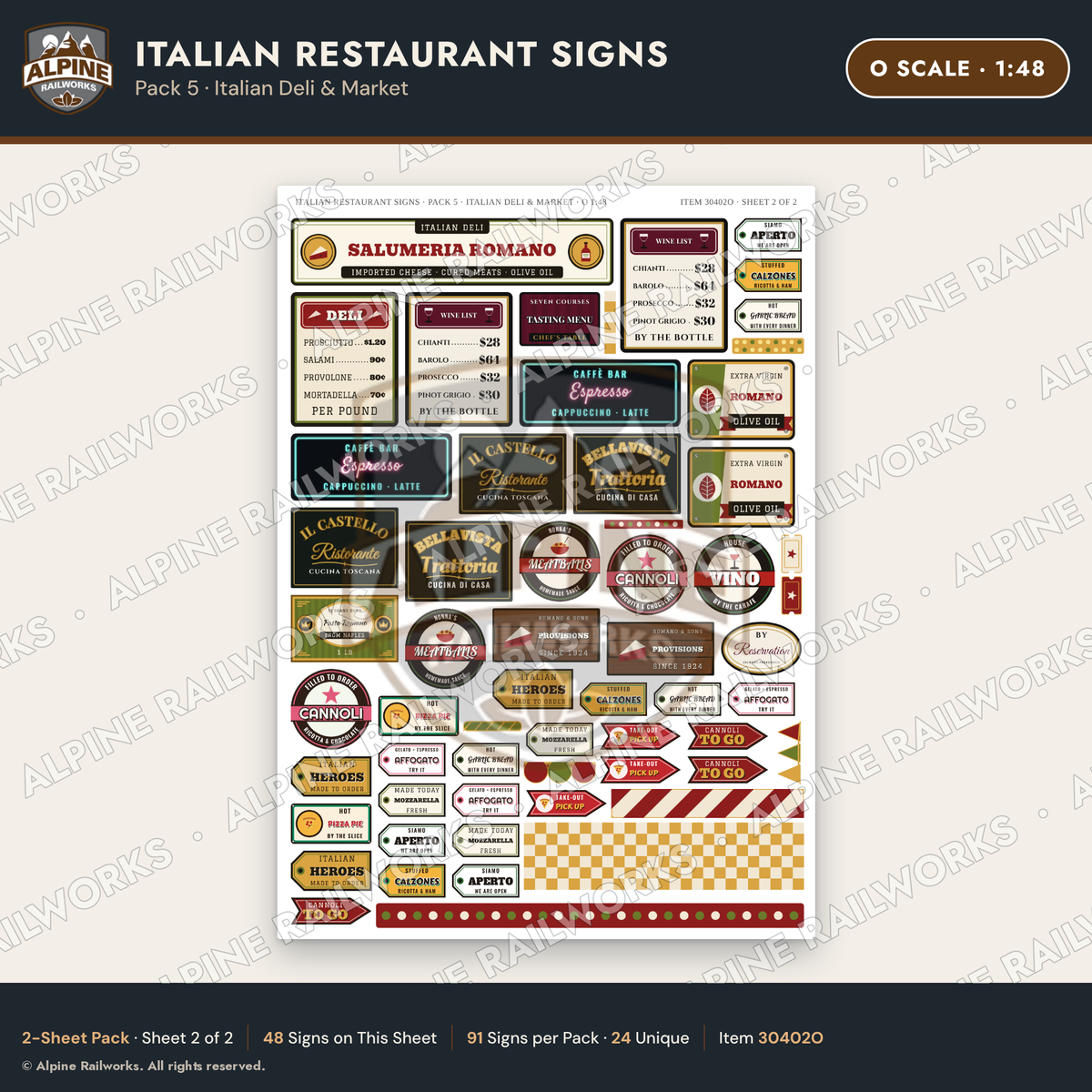 Alpine Railworks 30402O O Scale Italian Restaurant Signs