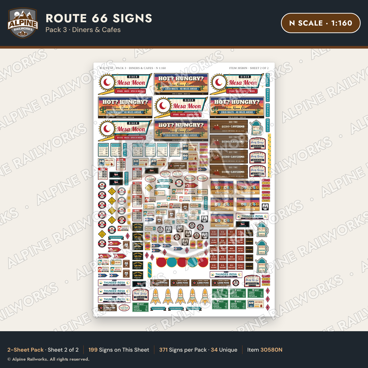 Alpine Railworks 30580N N Scale Route 66 Highway Signs - Diners