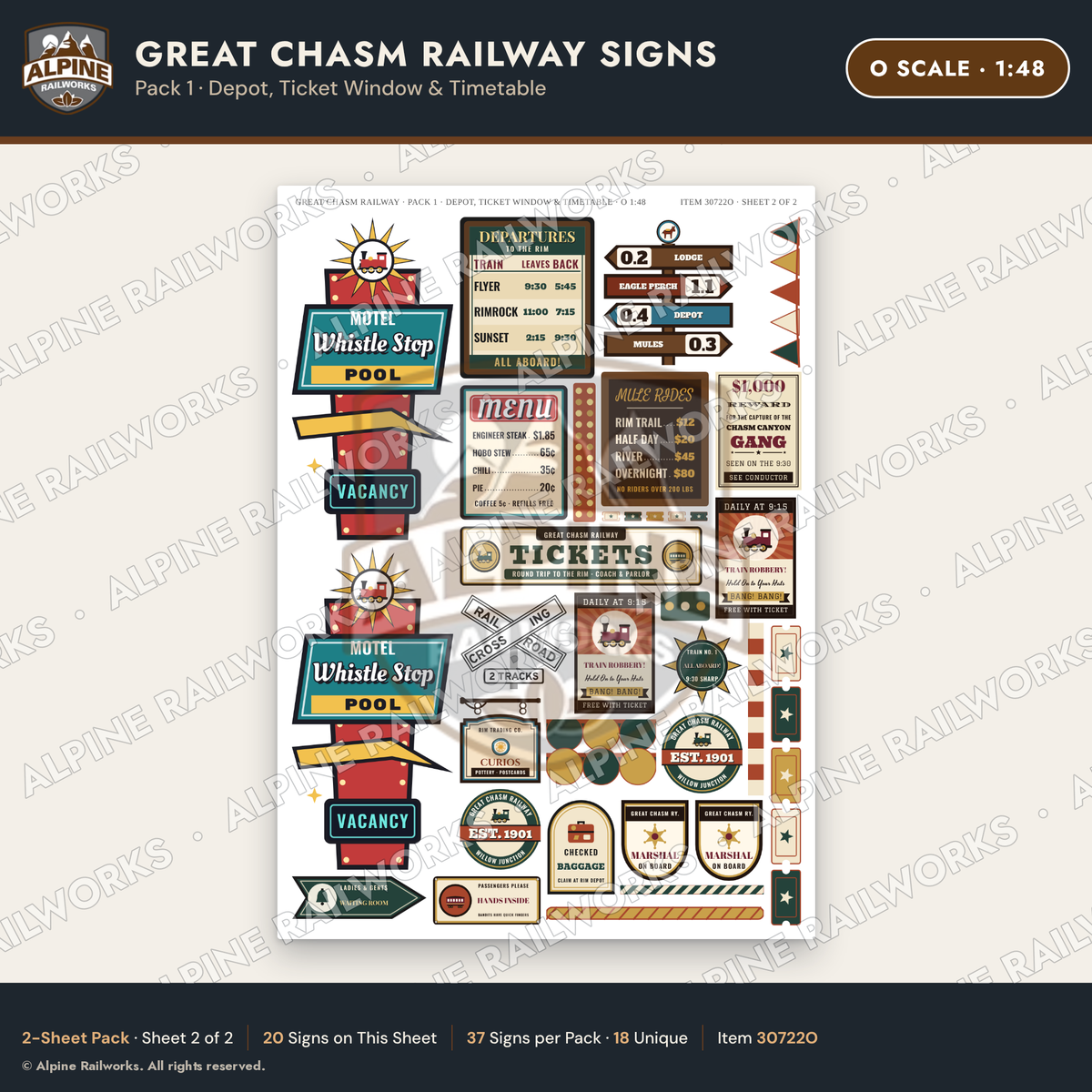 Alpine Railworks 30722O O Scale Tourist Signs - Canyon Railway - Depot