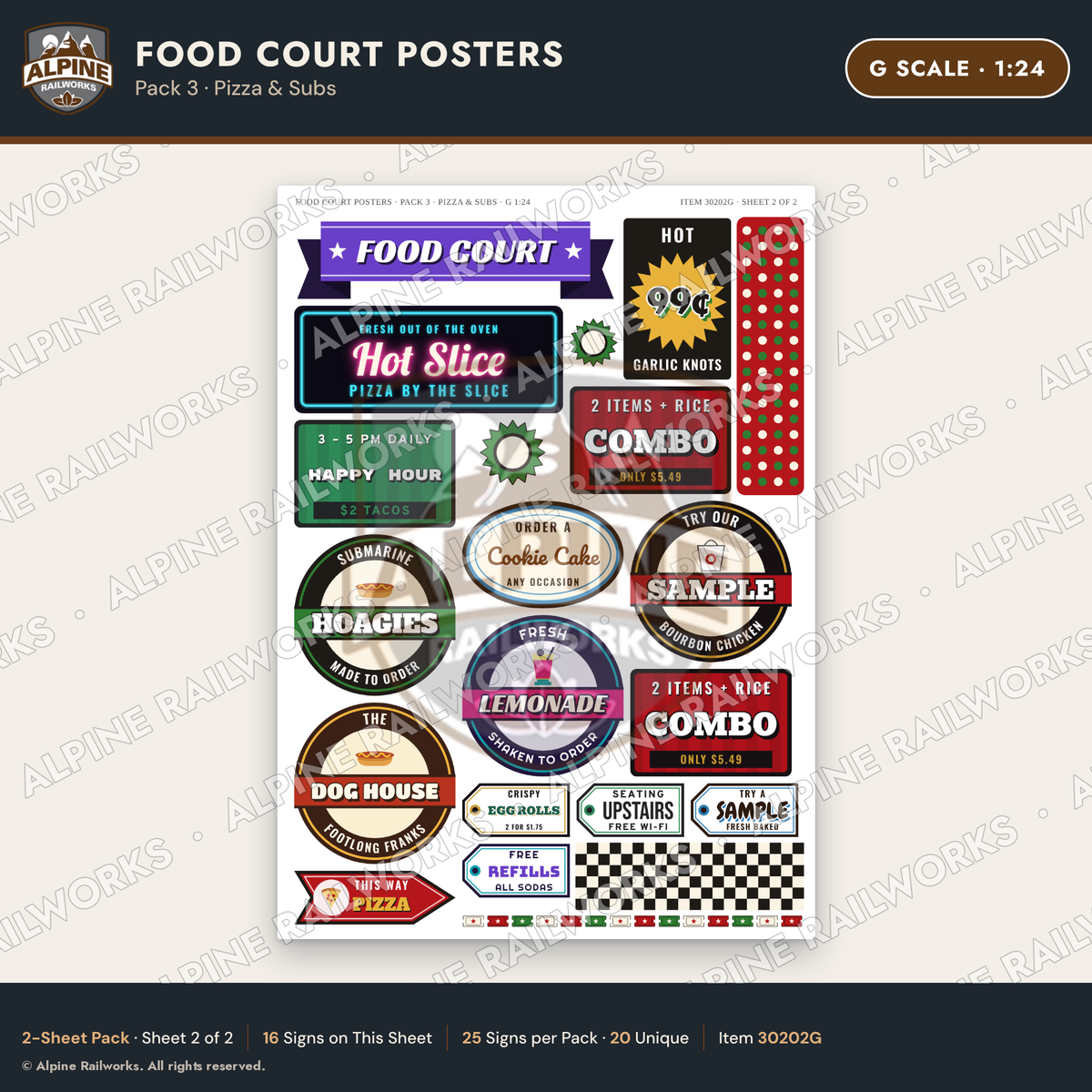 Alpine Railworks 30202G G Scale Food Court Posters - Pizza & Subs