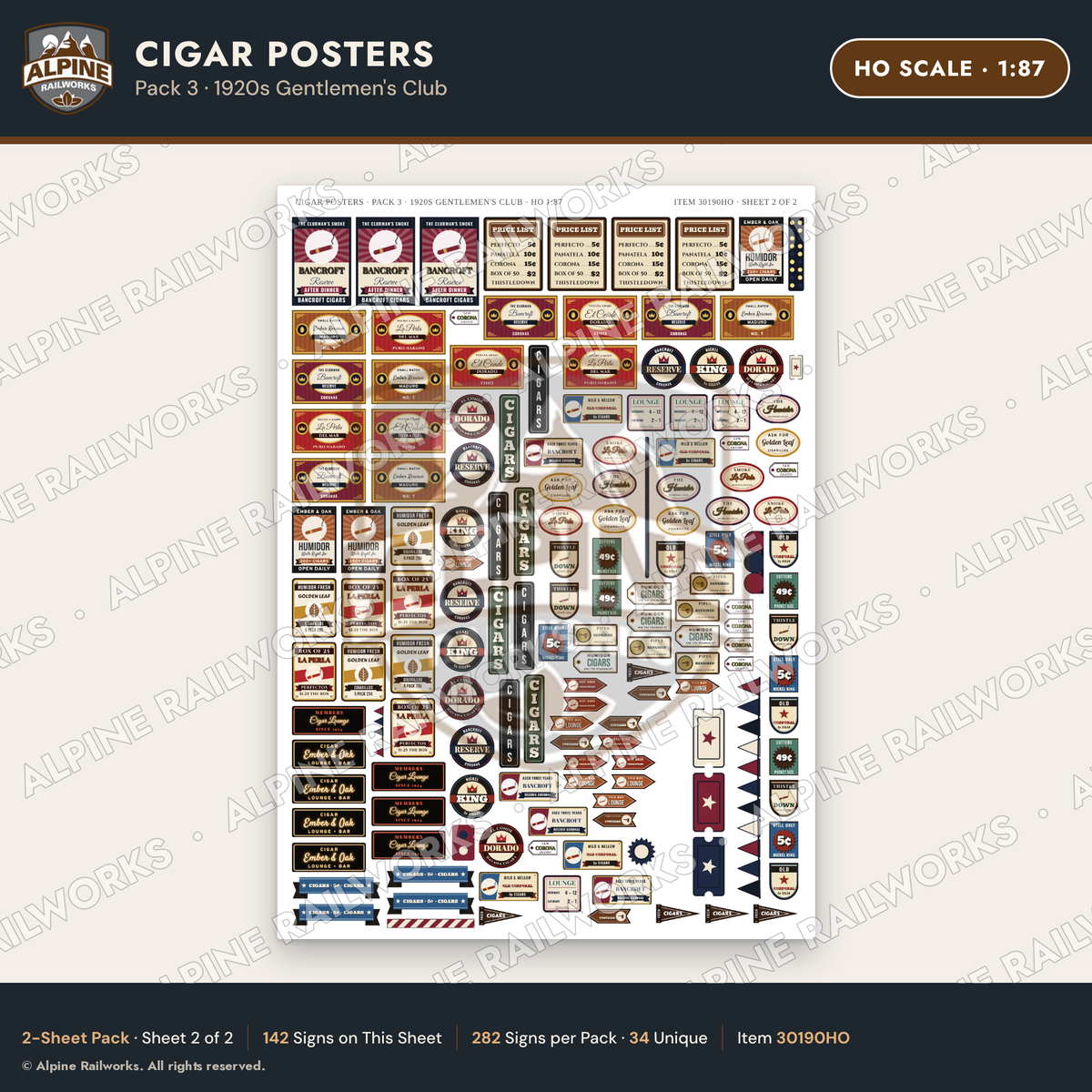 Alpine Railworks 30190HO HO Scale Cigar Posters - Gentlemen's Club
