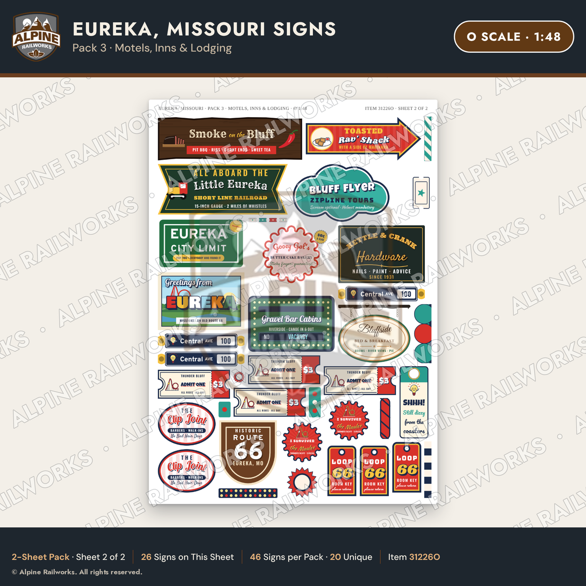 Alpine Railworks 31226O O Scale Eureka MO Signs - Motels & Inns