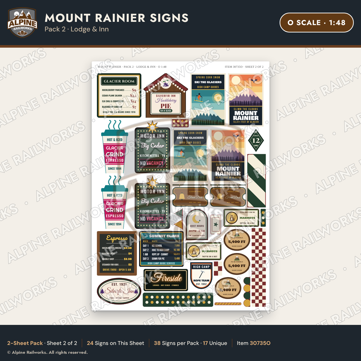 Alpine Railworks 30735O O Scale Tourist Signs - Mount Rainier - Lodge