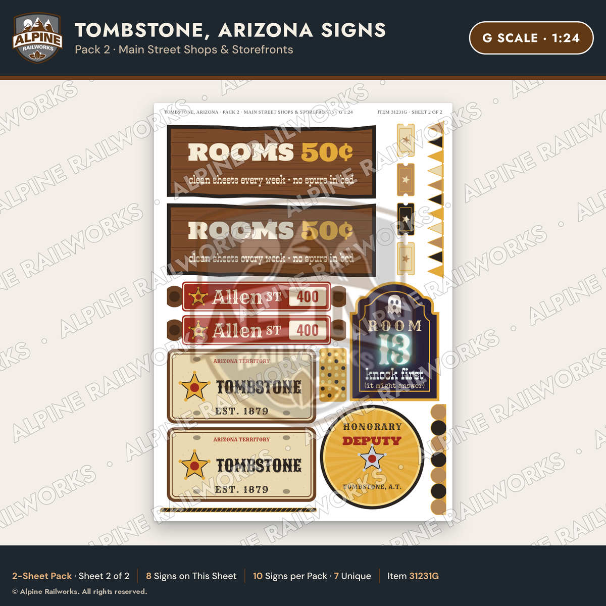 Alpine Railworks 31231G G Scale Tombstone AZ Signs - Main Street Shops